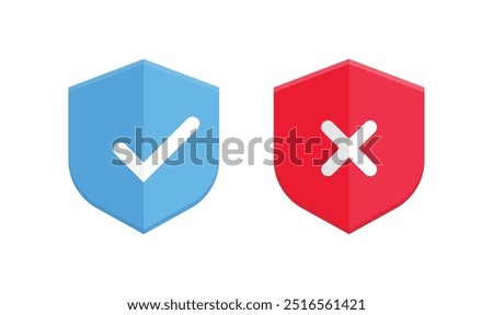 Two icons symbolize approval and rejection. The blue shield with a checkmark signifies acceptance, while the red shield with an 'X' represents denial, ideal for apps or websites. Vector Illustration.