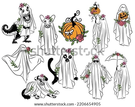 Cute floral ghost set vector illustration. Boo ghosts Halloween hand drawn designs for October autumn holidays.
Isolated designs of funny spirits of dogs, cat, people with pumpkin, romantic and peace 