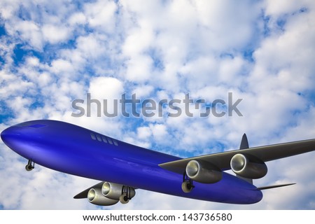 Jet plane in a blue cloudy sky. Square composition.
