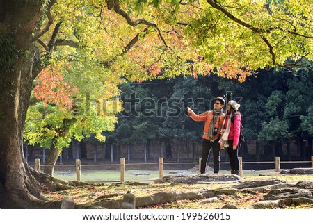 Nara, Japan - November 21, 2013: Visitors feed wild deer on November 21, 2013 in Nara, Japan. Nara is a major tourism destination in Japan - former capita city and currently UNESCO World Heritage Site