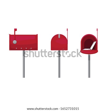 Red mailbox raised flag with letter inside, beside and front view, vector illustration, isolated on white background