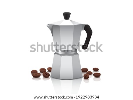 Realistic vector moka pot or coffee maker with roasted coffee beans on white background, isolated vector illustration