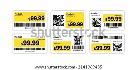 Price tags with barcode and qr code, stickers template for retail store, vector illustration