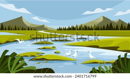 Wetland, swamp, wildlife landscape, vector illustration