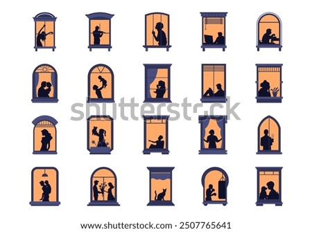 People Window Silhouettes Lighting in Night House