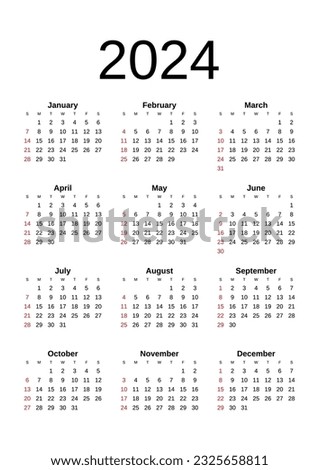 2024 Calendar year vector illustration. The week starts on Sunday. Annual calendar 2024 template. Calendar design in black and white colors, Sunday in red colors. Vector, made with Inkscape