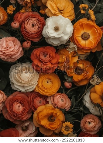 Similar – Image, Stock Photo Bouquet of ranunculus in a red and white jug standing on a wooden table. Next to it a part of a chair can be seen.