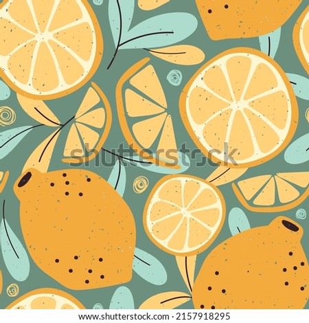 Citrus seamless pattern with colorful lemons and leafs.Tropical vector background.Summer wrapping paper with lemons.Textile texture with lemons.