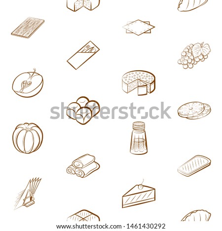 Bakery products, Fruits and Table setting set. Background for printing, design, web. Usable as icons. Seamless. Binary color.