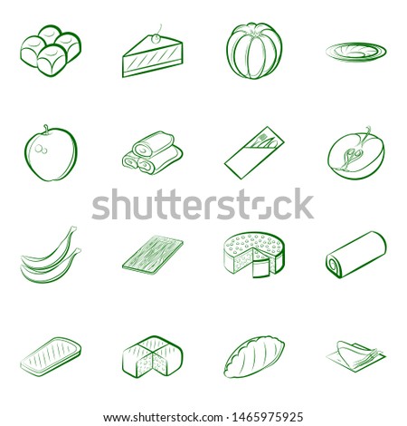 Bakery products, Fruits and Table setting set. Background for printing, design, web. Usable as icons. Binary color.