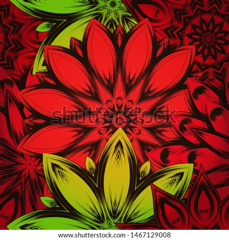 Seamless floral background. The gradient can be off. Tracery handmade nature ethnic fabric backdrop pattern with flowers. Textile design texture. Decorative color art. Vector