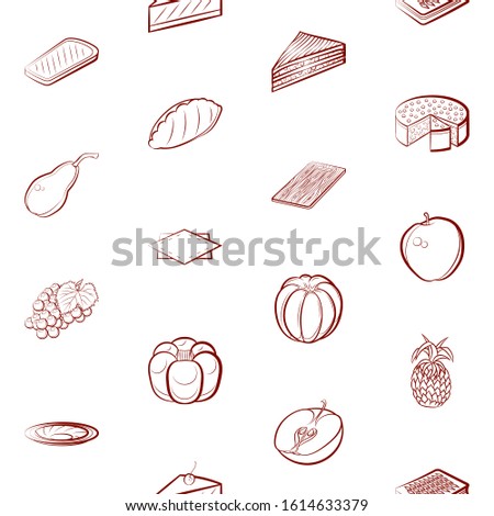 Bakery products, Fruits and Table setting set. Background for printing, design, web. Usable as icons. Seamless. Binary color.