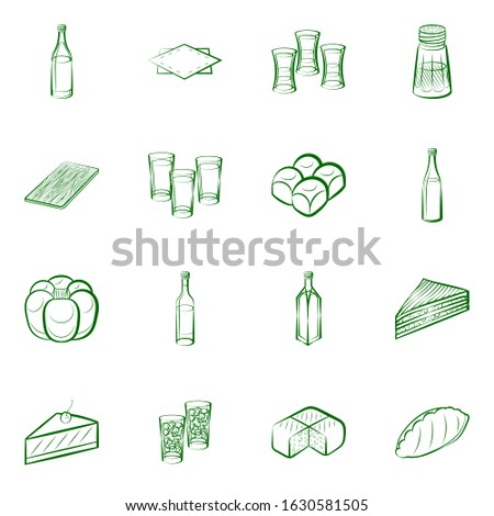 Alcohol, Bakery products and Table setting set. Background for printing, design, web. Usable as icons. Binary color.