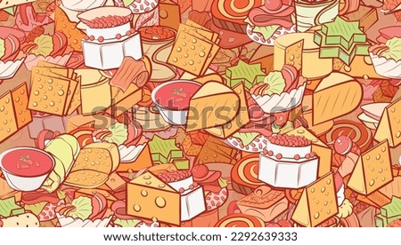 Background pattern abstract design texture. Seamless. Cheeses and Snacks. Theme is about cake, twisted, lies, sweet, caramel, cream, cucumber roll, caviar, topping, stuffed cabbage, solid