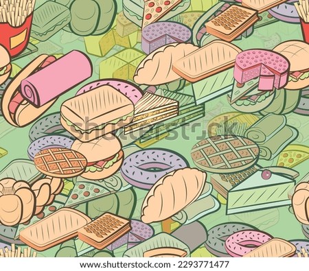 Background pattern abstract design texture. Seamless. American food and Bakery products. Theme is about round, piece, mini buns, two-layer, cutlet, pizza, steak, hamburger, American cake