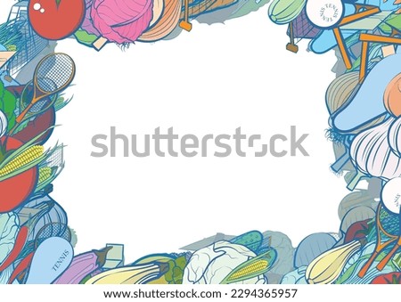 Background pattern abstract design texture. Tennis and Health food. Border frame, transparent background. Theme is about tennis balls, vegetable, whole onion, a stack, sports judge, small