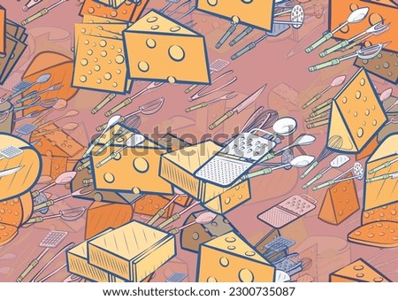 Background pattern abstract design texture. Seamless. Cheeses and Cutlery. Theme is about slice, no holes, cut off, meat fork, potato peeler, ladle, many holes, cheese, lies, meat hammer