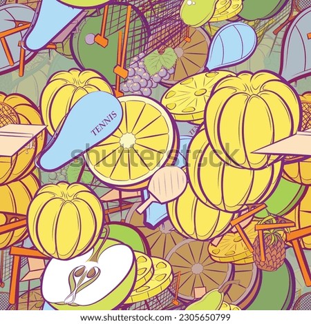Background pattern abstract design texture. Seamless. Tennis and Fruits. Theme is about game table, netting, pineapple, net, berries, Apple, slices, lobules, fruit, whole, fetus, tennis racket