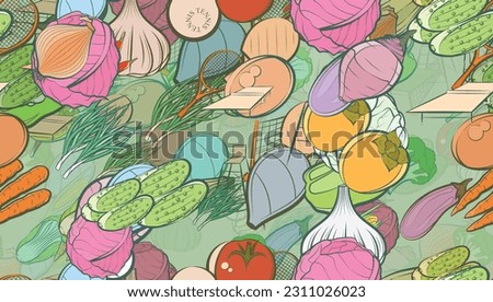 Background pattern abstract design texture. Seamless. Tennis and Health food. Theme is about game table, pods, clip, carrot, racket, beet, small, healthy food, garlic head, ping-pong, pepper