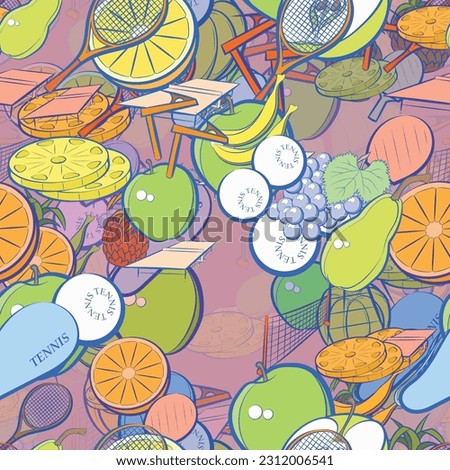 Background pattern abstract design texture. Seamless. Tennis and Fruits. Theme is about orange, pieces, cut, mini-tennis, tennis racket, grapes, pineapple, leaflet, couple, net, game table