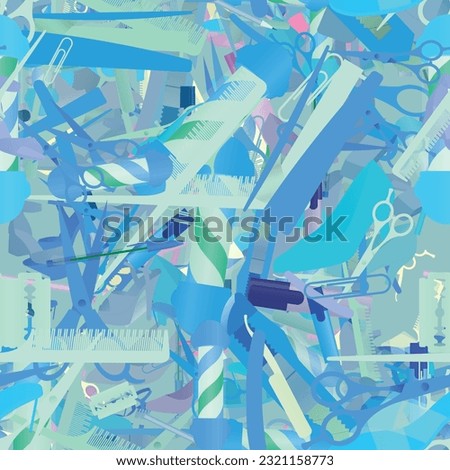 Background pattern abstract design texture. Seamless. Theme is about ladies, eraser, platform heels, clip, hair care, slide sandals, comb, paper knife, footwear, Barber pole, accounting