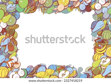 Background pattern abstract design texture. Tennis and Fruits. Border frame, transparent background. Theme is about observer, table, fetus, orange, half, bananas, mini-tennis, net, whole