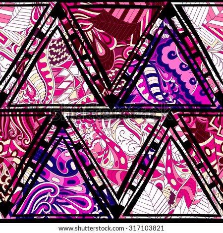 Tracery seamless, loops, doodle wind pattern in the style of stained glass. Paisley, winding stem, spiral, wave, bud mehndi design. Handmade doodling design. For site background, printing.