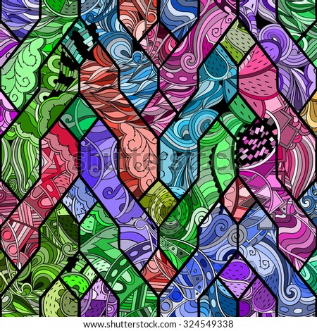 Tracery calming pattern in the style of stained glass. Mehendi design. Neat even colorful harmonious doodle texture. Algae sea motif. Ambitious bracing usable, curved doodling mehndi.