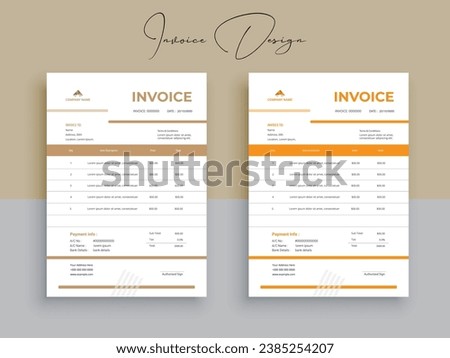 Invoice Design. Business invoice form template. Invoicing quotes, money bills or pricelist and payment agreement design templates. Tax form, 
bill graphic or payment receipt.