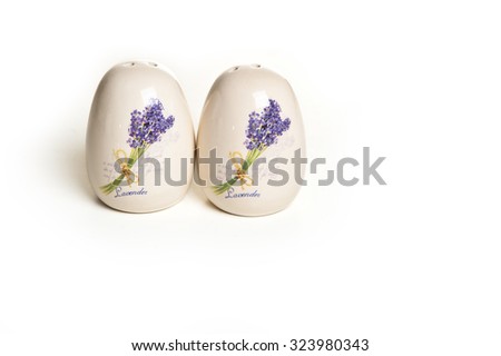 ceramic pepper-box and salt cellar with lavender print