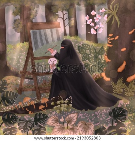 Moslemah painting in the forest with black niqab digital art Zdjęcia stock © 