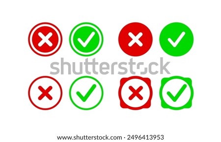 Simple icon vector: agree-disagree, yes-no, false-true, accepted-rejected, green, red, OK and no OK. Vector illustration of green checkmark and red cross icon.