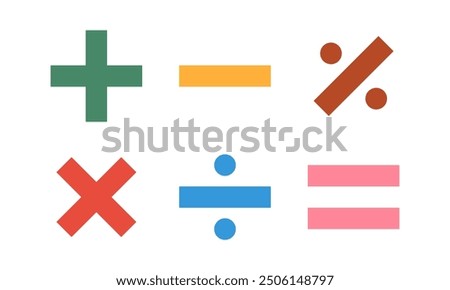 A set of Math icons. Purple arithmetic plus, minus, equal, multiply and divide signs isolated on white background. Vector design elements 