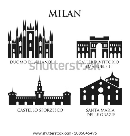 Set of Italy architecture symbols, landmarks. Pictogram in black and white. Icon of Milan. Vector illustration. Set for you design