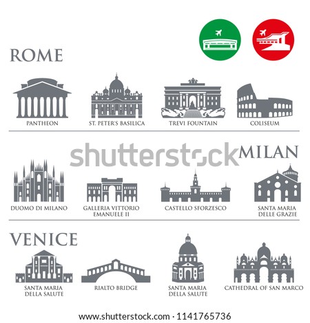 Set of Italy symbols, landmarks in gray color. Vector illustration. Venice, Milan,Italy, Rome. Set for you design