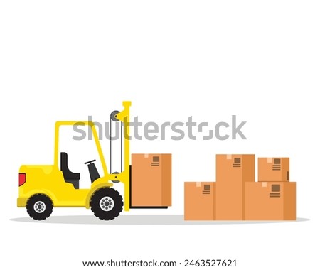 forklift truck is lifting large boxes. Logistics delivery, warehouse and storage equipment flat style vector illustration