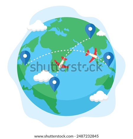 illustration of the concept of the earth and airplane routes, flat style vector illustration