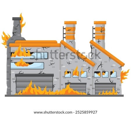 illustration of the concept of a factory experiencing a fire or a factory burning down, flat style vector illustration.