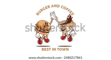 burger and coffee character cartoon vector icon