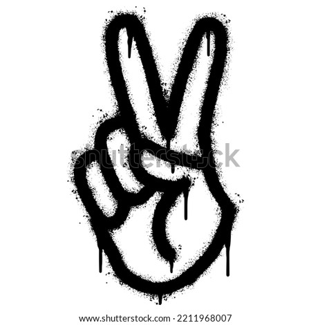 Spray Painted Graffiti Hand gesture V sign for victory icon Sprayed isolated with a white background. graffiti Hand gesture V sign for peace symbol with over spray in black over white. 