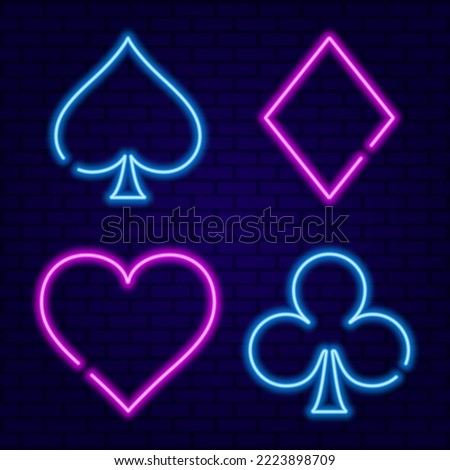 Pink and Blue Neon Broken Line Card Suits for Poker and Casino on dark blue wall background vector illustration