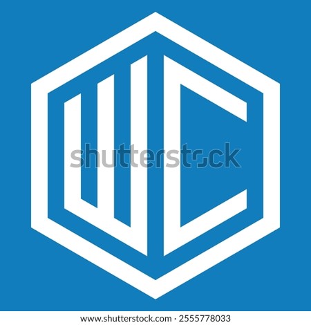 White and Blue WC isolated sticker, sign, logo. Hexagon Text Grid vector template