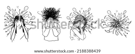 set of hand drawn confusion concept. Girl with anxiety touch head surrounded by think Mental disorder and chaos in consciousness, finding answers. vector illustration.