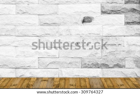 wood plank walk way with Brick wall white color background for art interiors design in home, house, building, shop, store, art store, coffee shop