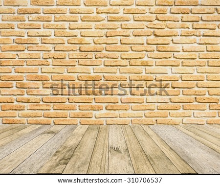 perspective wood plank floor or walk way with Brick wall background for art interiors design in home, house, building, shop, store, art store, coffee shop