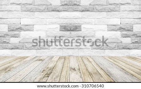 perspective wood plank floor or walk way with Brick wall white color background for art interiors design in home, house, building, shop, store, art store, coffee shop