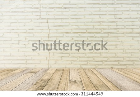 perspective white wood plank floor or walk way with Brick wall white color background for art interiors design in home, house, building, shop, store, art store, coffee shop