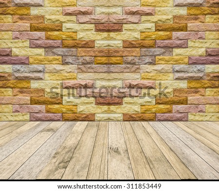 perspective wood plank floor or walk way with Brick wall  background for art interiors design in home, house, building, shop, store, art store, coffee shop