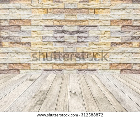 perspective wood plank floor or walk way with over blur Brick wall background for art interiors design in home, house, building, shop, store, art store, coffee shop