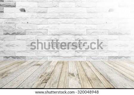 perspective wood plank floor or walk way with Brick wall white color background with light flare for art interiors design in home, house, building, shop, store, art store, coffee shop